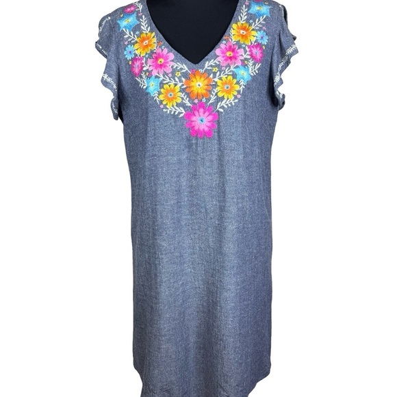 Boho Chambray Embroidered Floral Shift Dress Linen Blend Small - Picture 2 of 6